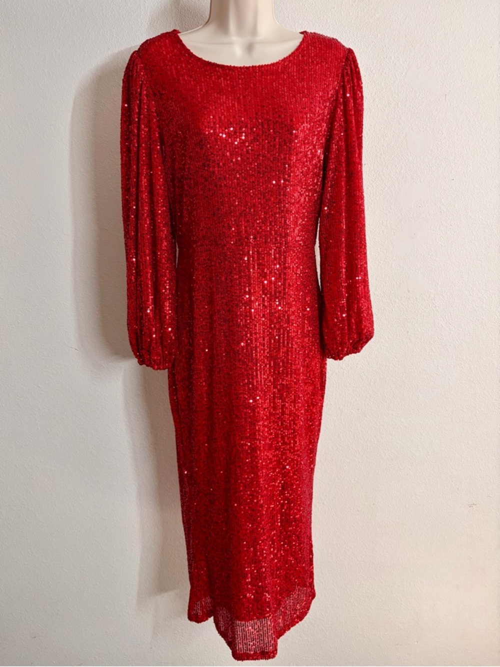 Ivy City Co Lady in Red Sequin Midi Dress S Balloon Sleeves Party